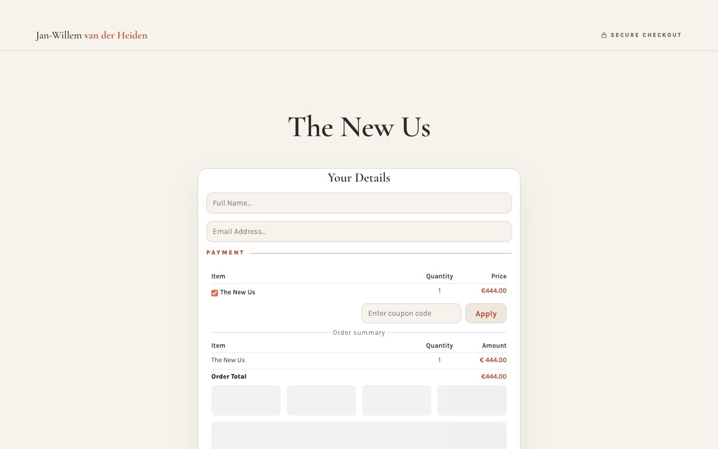 The GoHighLevel checkout for The New Us, restyled in Jan's cream background and serif type.