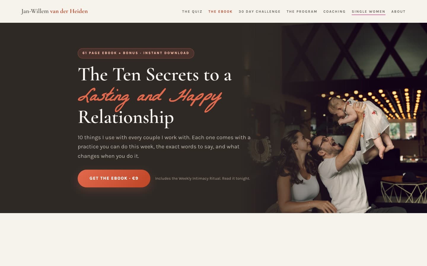 The Ten Secrets ebook page with a Get the ebook €9 button.