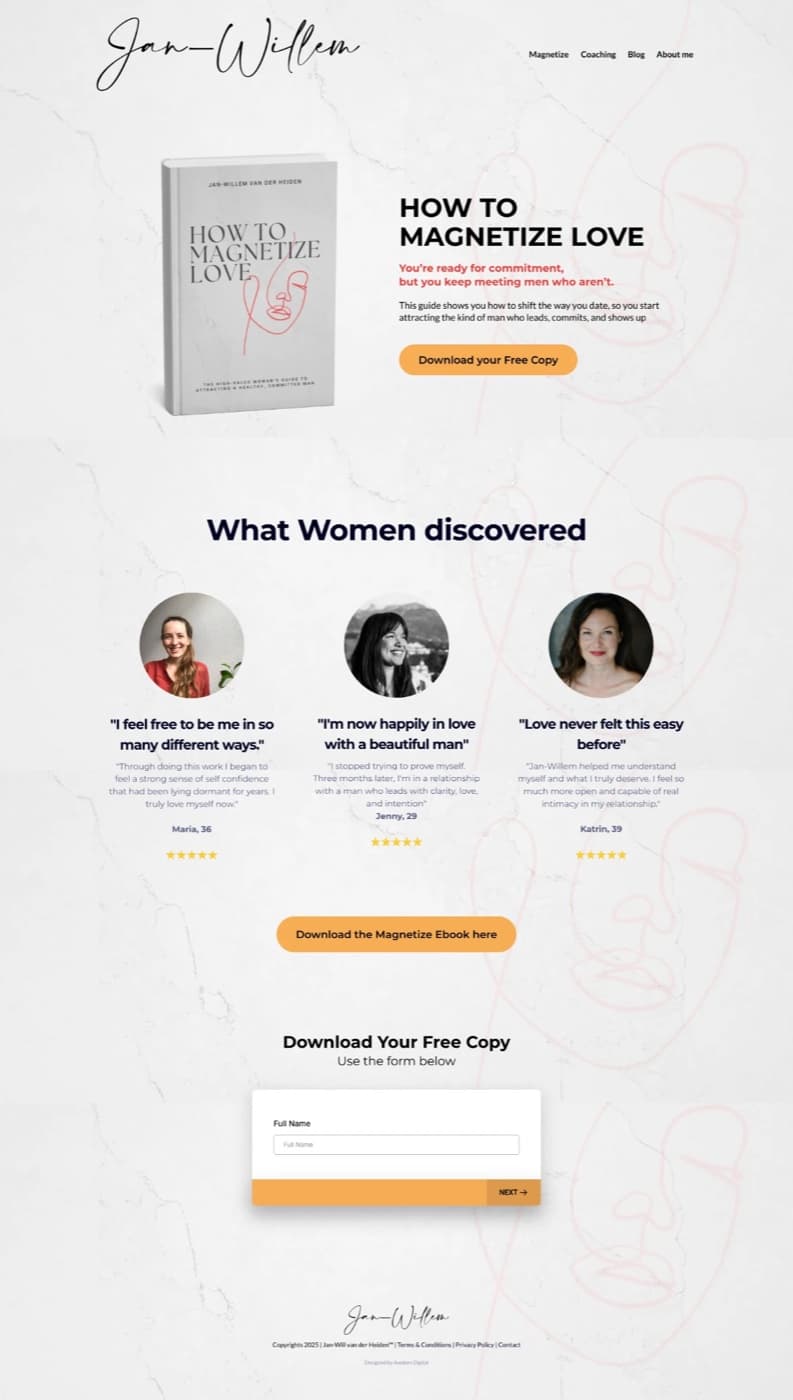 The previous lead magnet page: a book mock-up, testimonials, and a plain GoHighLevel form asking for a full name with a Next button.