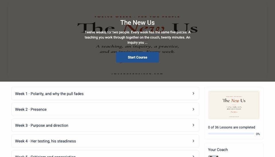 The New Us course page in GoHighLevel's default style: blue button and plain sans-serif week list.