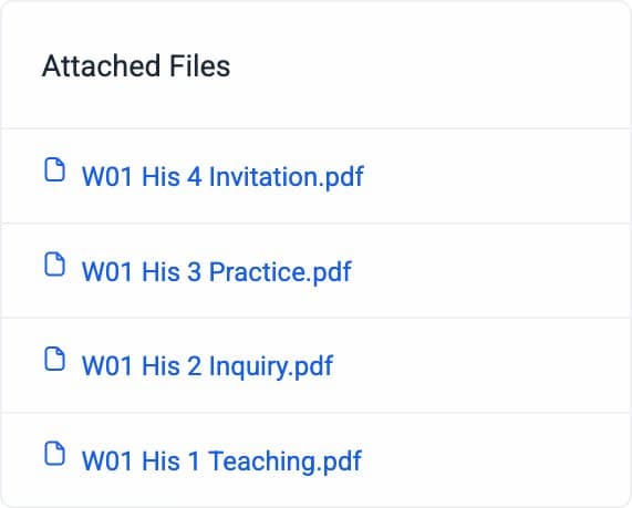 Default attached files: plain blue text links in the sidebar, below the coach bio.