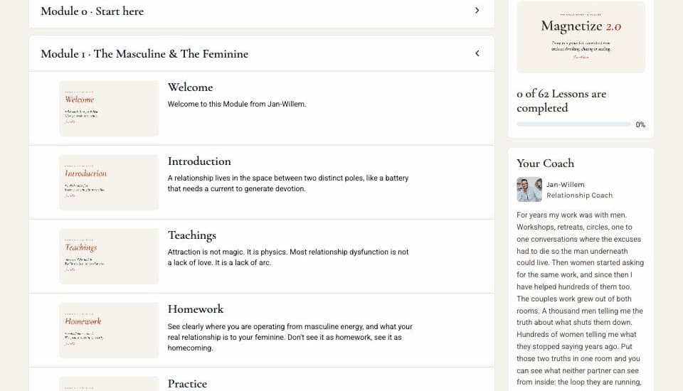An open Magnetize module: each lesson has a branded thumbnail and a one-line preview.