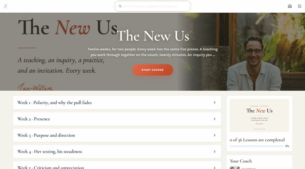 The same course page branded: cream background, serif week titles and a coral button.