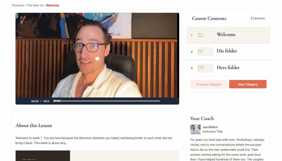A New Us lesson page: Jan talking to camera in the Welcome video, with the week's lessons listed beside it in his serif type.