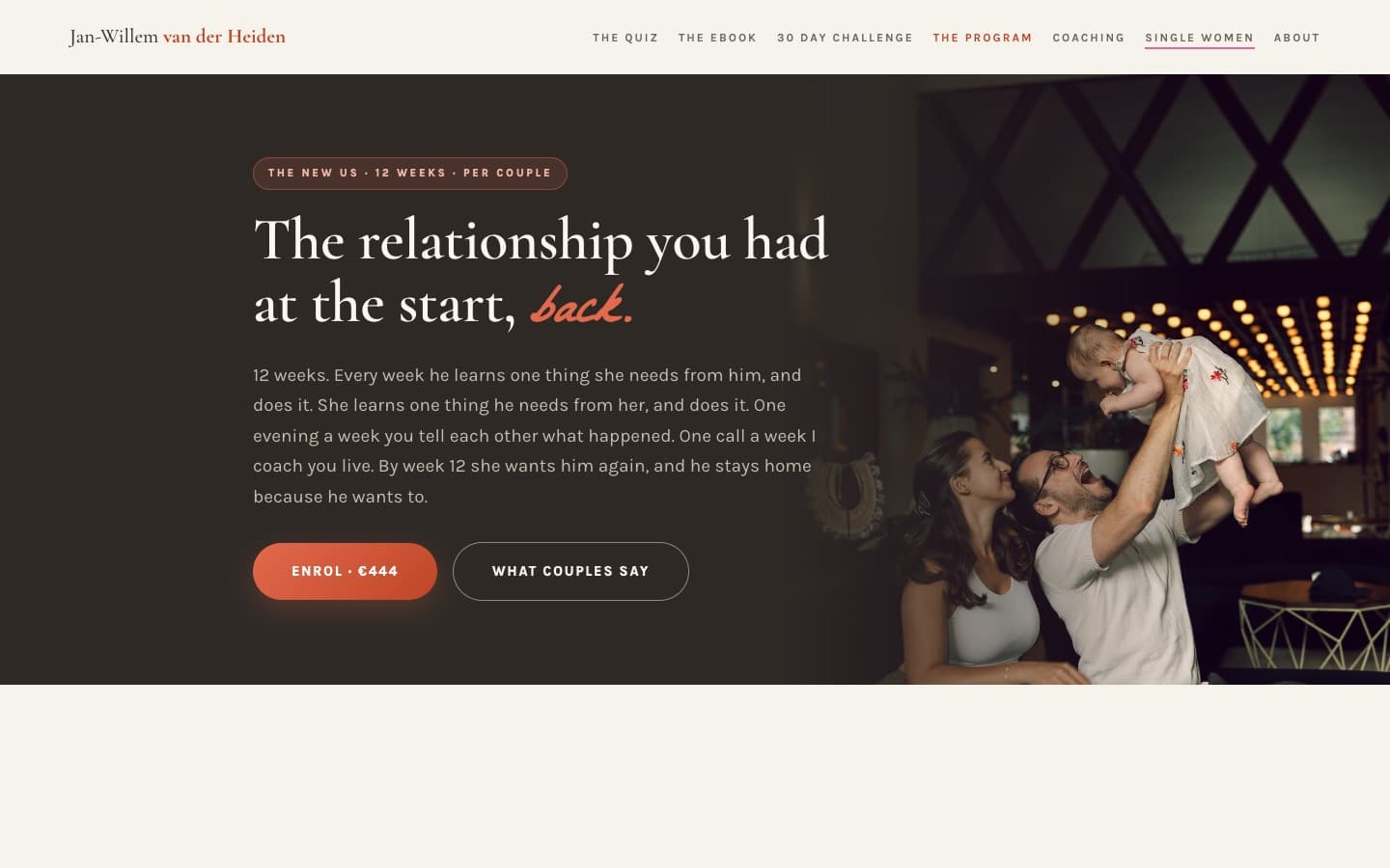 The New Us program page with a family photo and an Enrol €444 button.