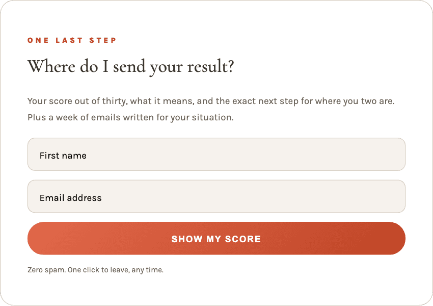 The last quiz step: Where do I send your result? with first name and email fields and a Show my score button.