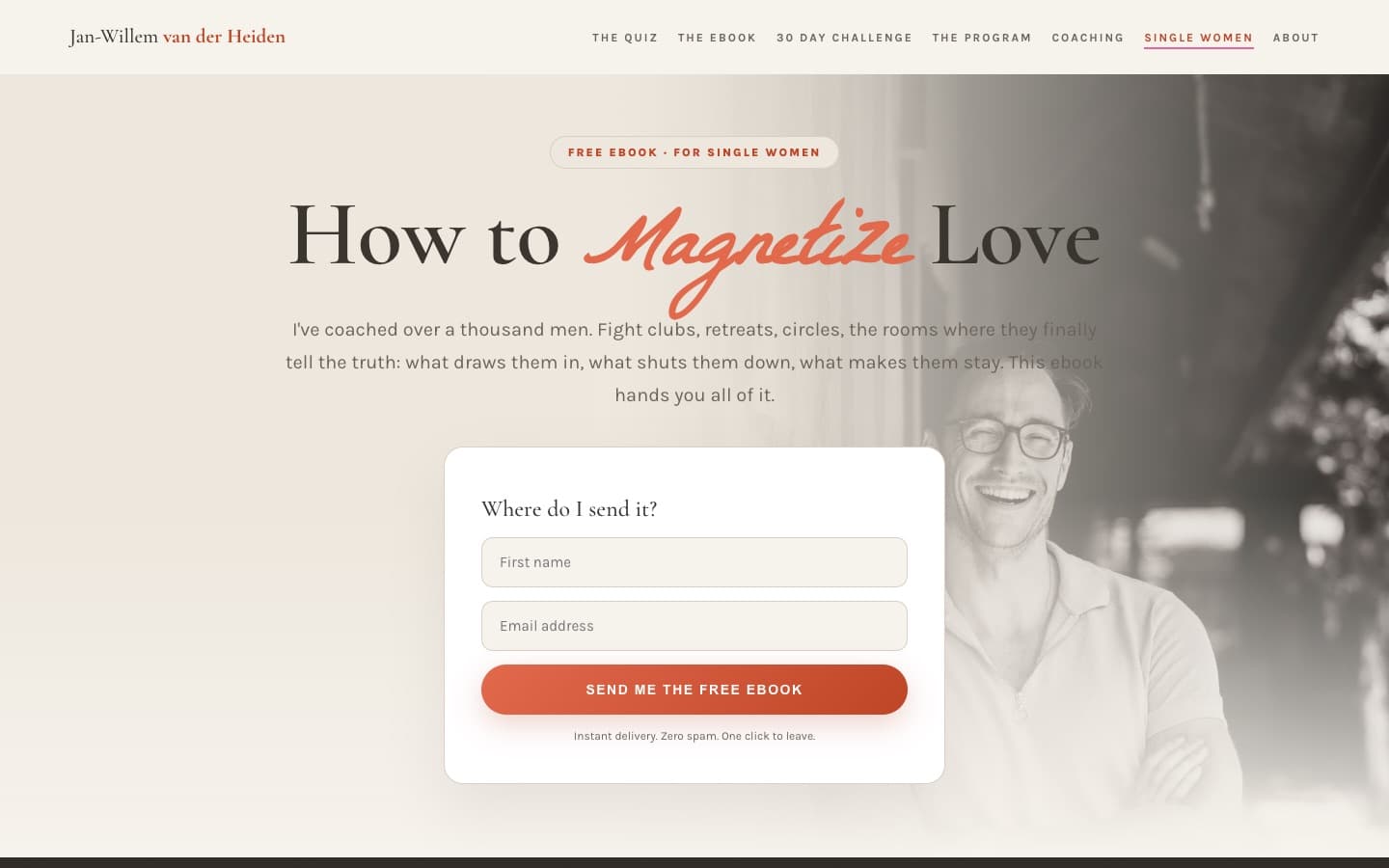 The single-women page offering the free ebook How to Magnetize Love, with a sign-up form.