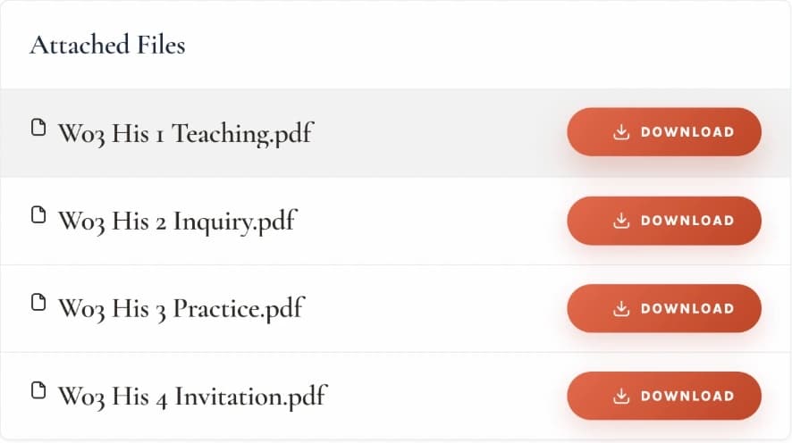 Branded attached files at the top of the lesson, each with a coral Download button.