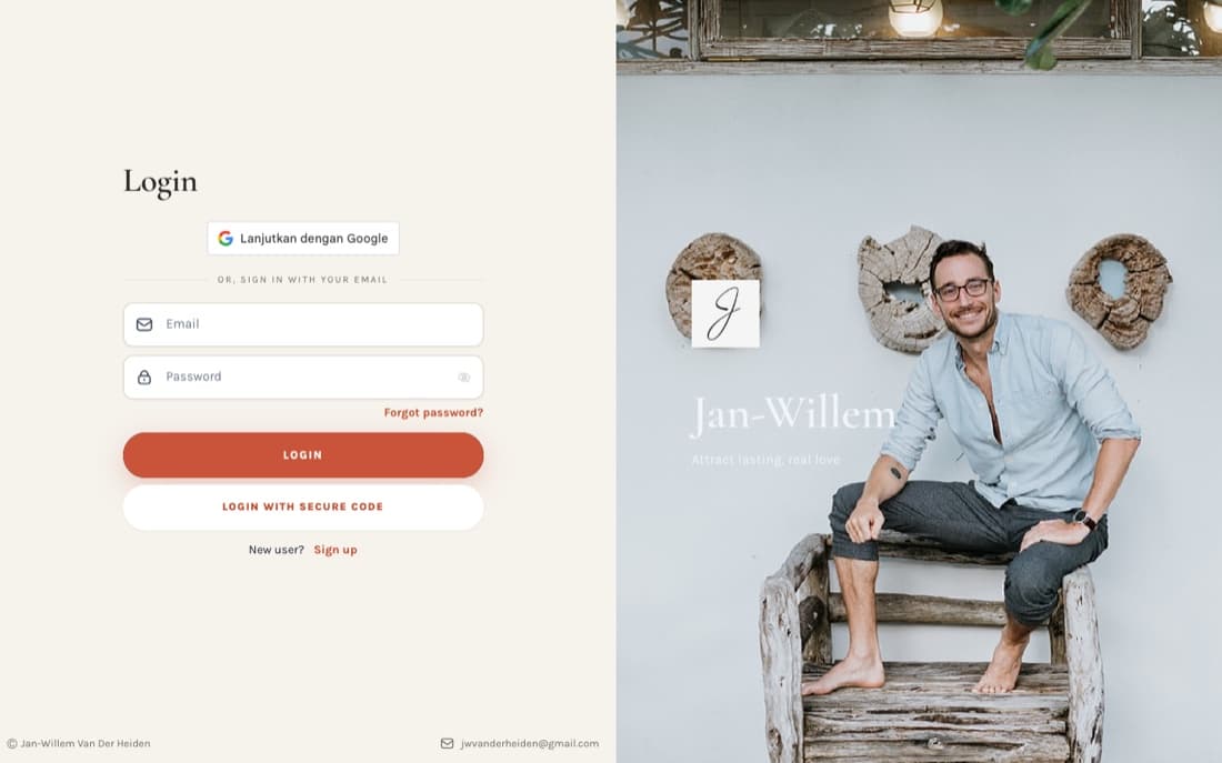 The branded login: cream background, serif heading and a coral Login button.