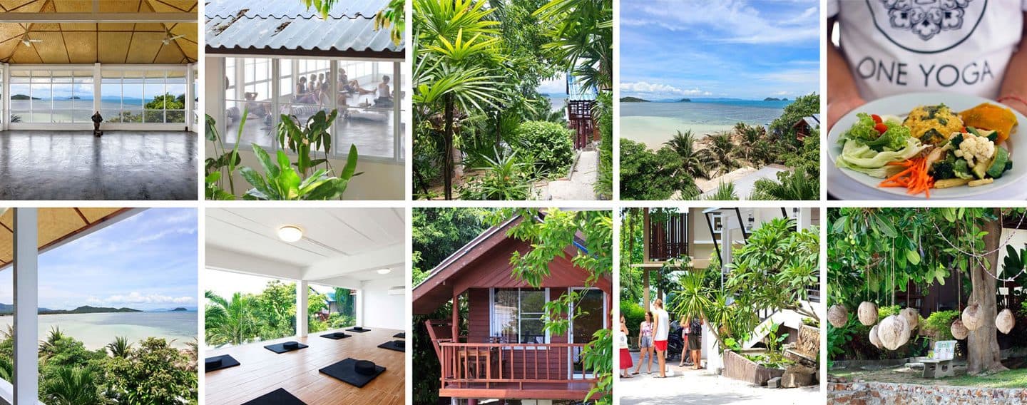 Two rows of photos: the open-air yoga shala, the sea view, the gardens, a bungalow and a plate of fresh food.