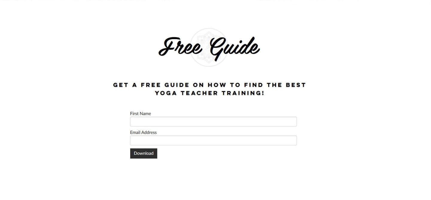 Free Guide: get a free guide on how to find the best yoga teacher training, with first name and email fields and a Download button.