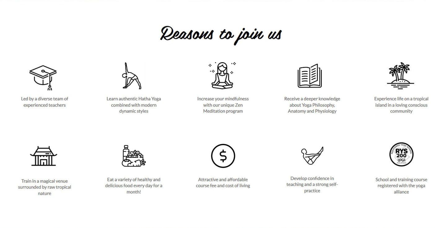 Reasons to join us: ten line icons, from experienced teachers and a tropical island to the RYS 200 Yoga Alliance registration.