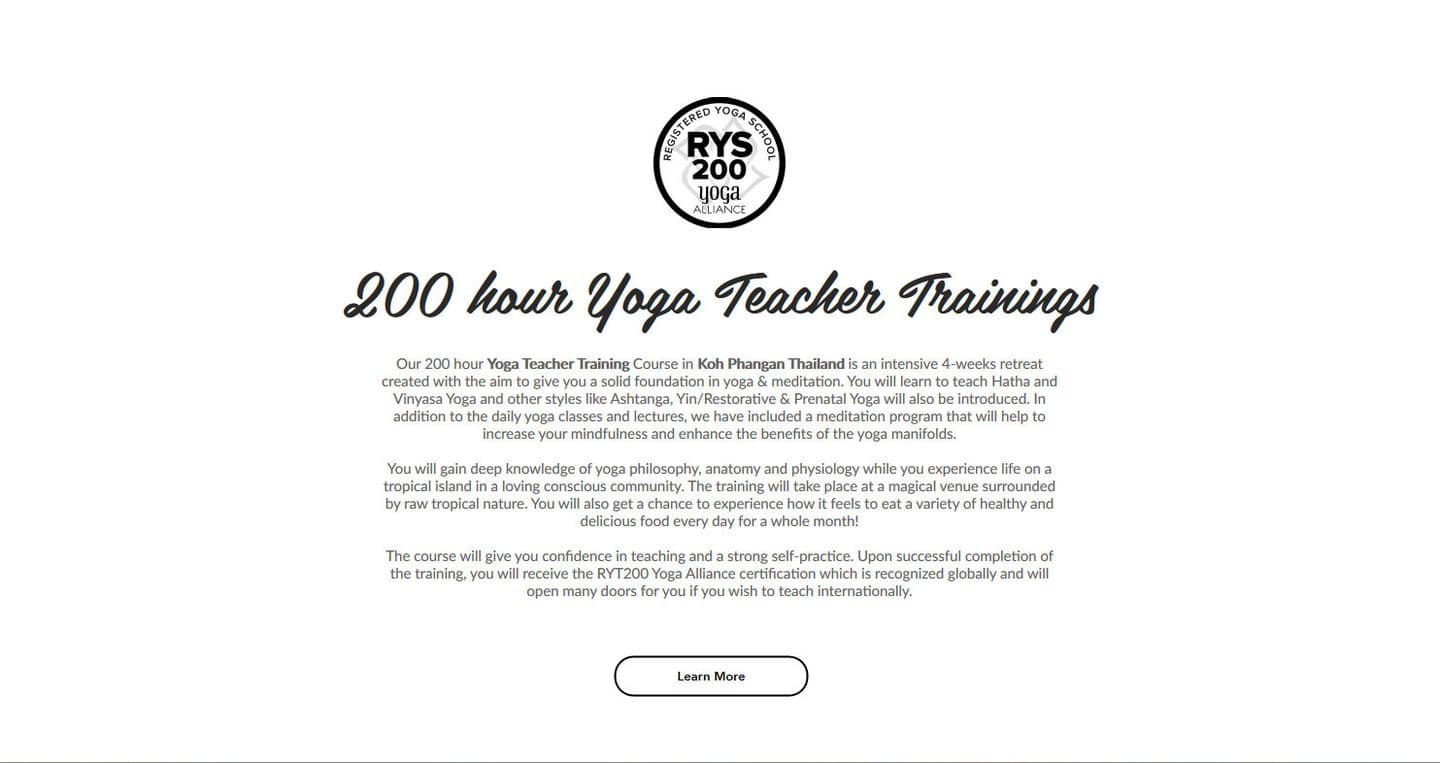 200 hour Yoga Teacher Trainings, with the RYS 200 badge, a description of the course and a Learn more button.