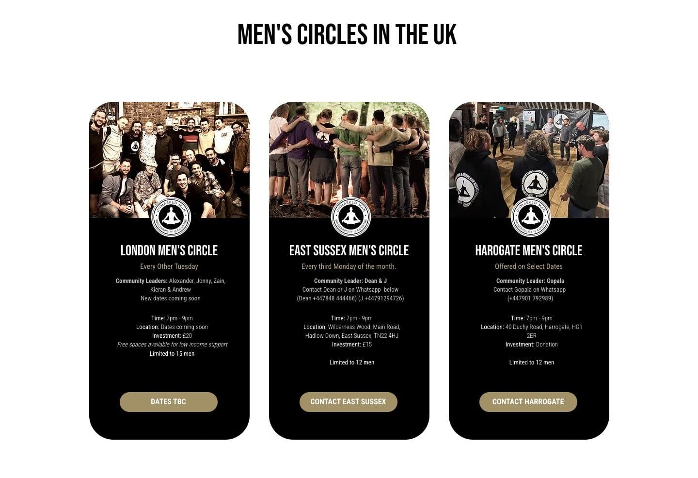 Men's circles in the UK: three black cards for London, East Sussex and Harrogate, each with its leaders, time, place, price and a button.