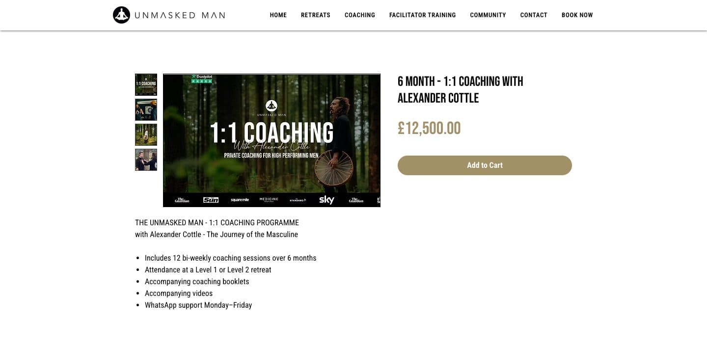 The 6-month 1:1 coaching product page, £12,500, with an Add to cart button and what's included.