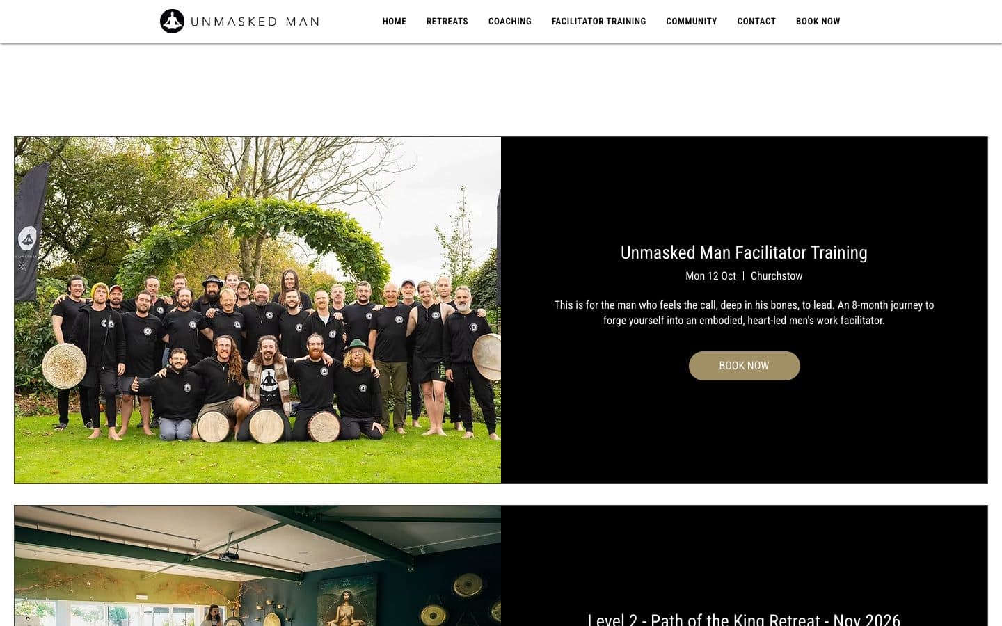 The events list: Unmasked Man Facilitator Training with a group photo and a Book now button, then Level 2 below.