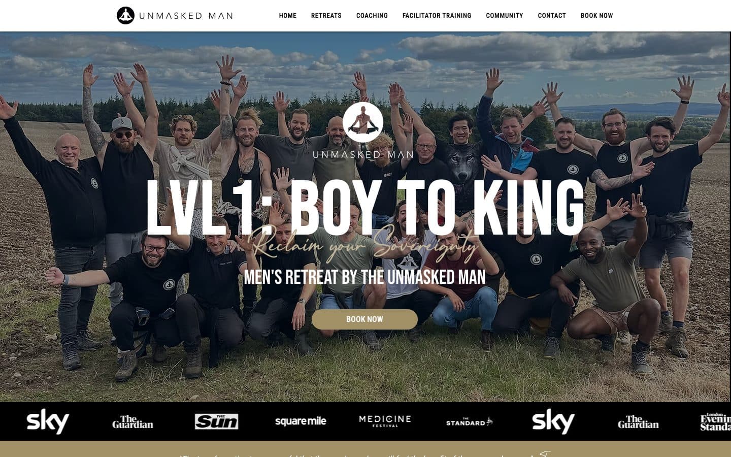The Level 1 page: LVL 1: Boy to King, reclaim your sovereignty, over a photo of men cheering in a field.