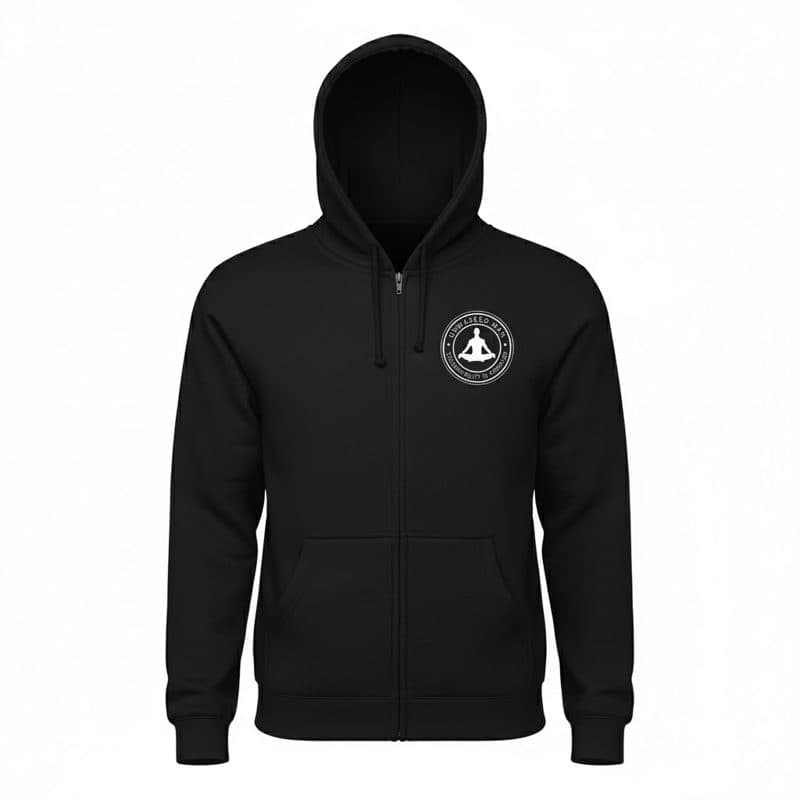 A generated product image: the black zip hoody with the round logo.
