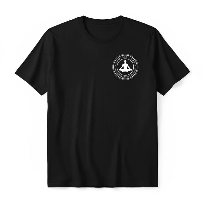 A generated product image: the black Unmasked Man t-shirt with the round logo on the chest.