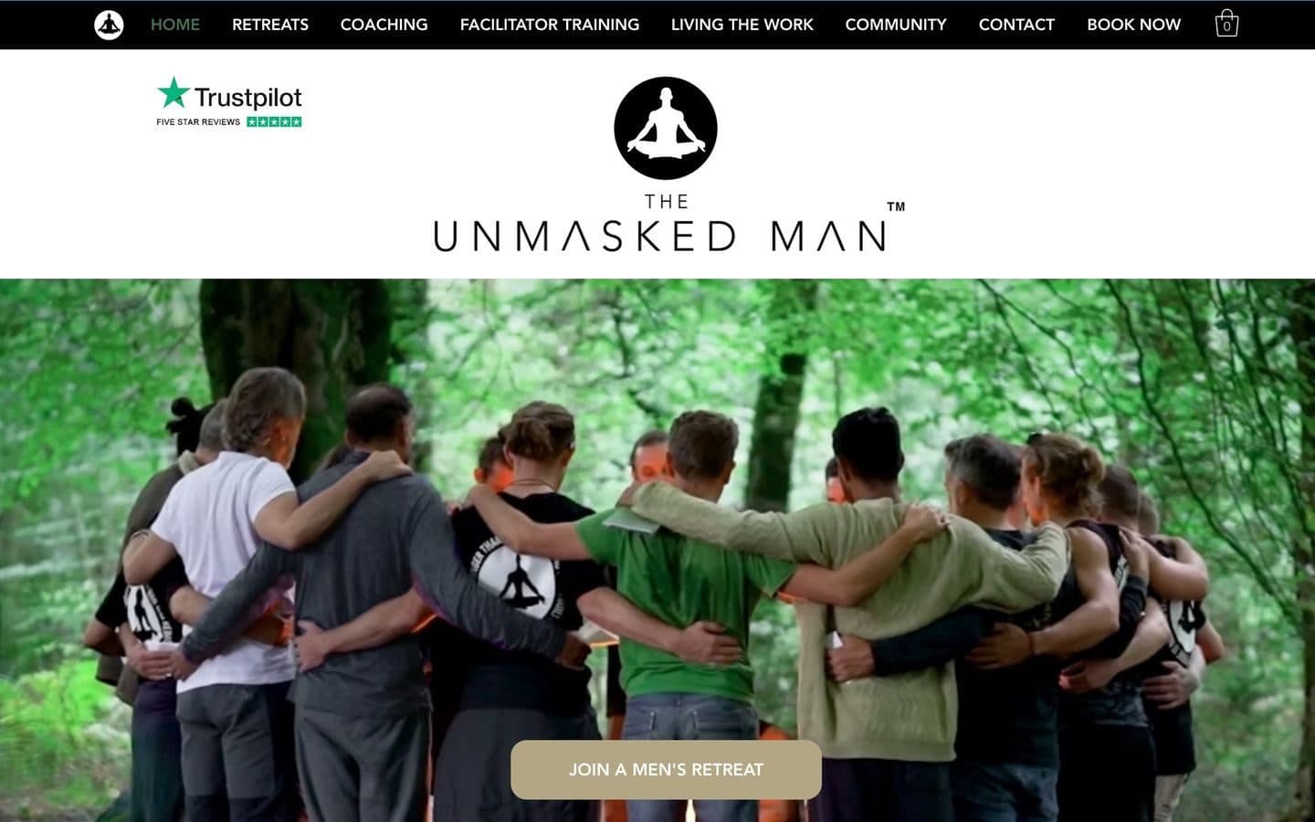 The old Unmasked Man homepage: the logo on white, a Trustpilot badge, and a photo of men in a circle with a Join a men’s retreat button. No headline.