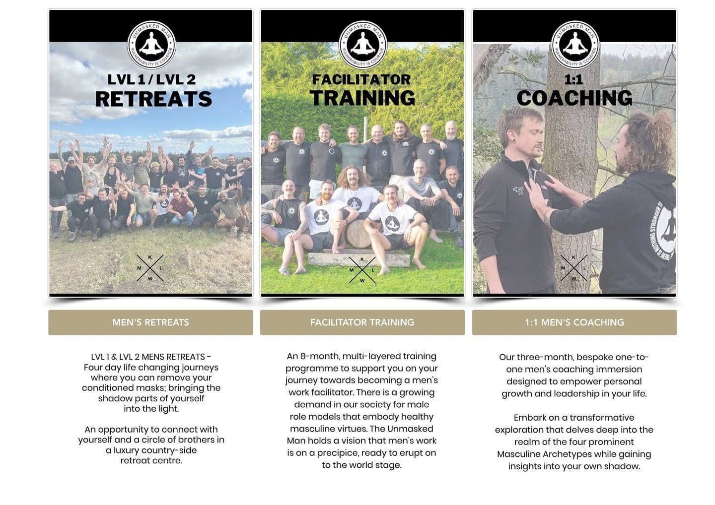 The old Our offerings section: three image cards for retreats, facilitator training and 1:1 coaching, with no dates.